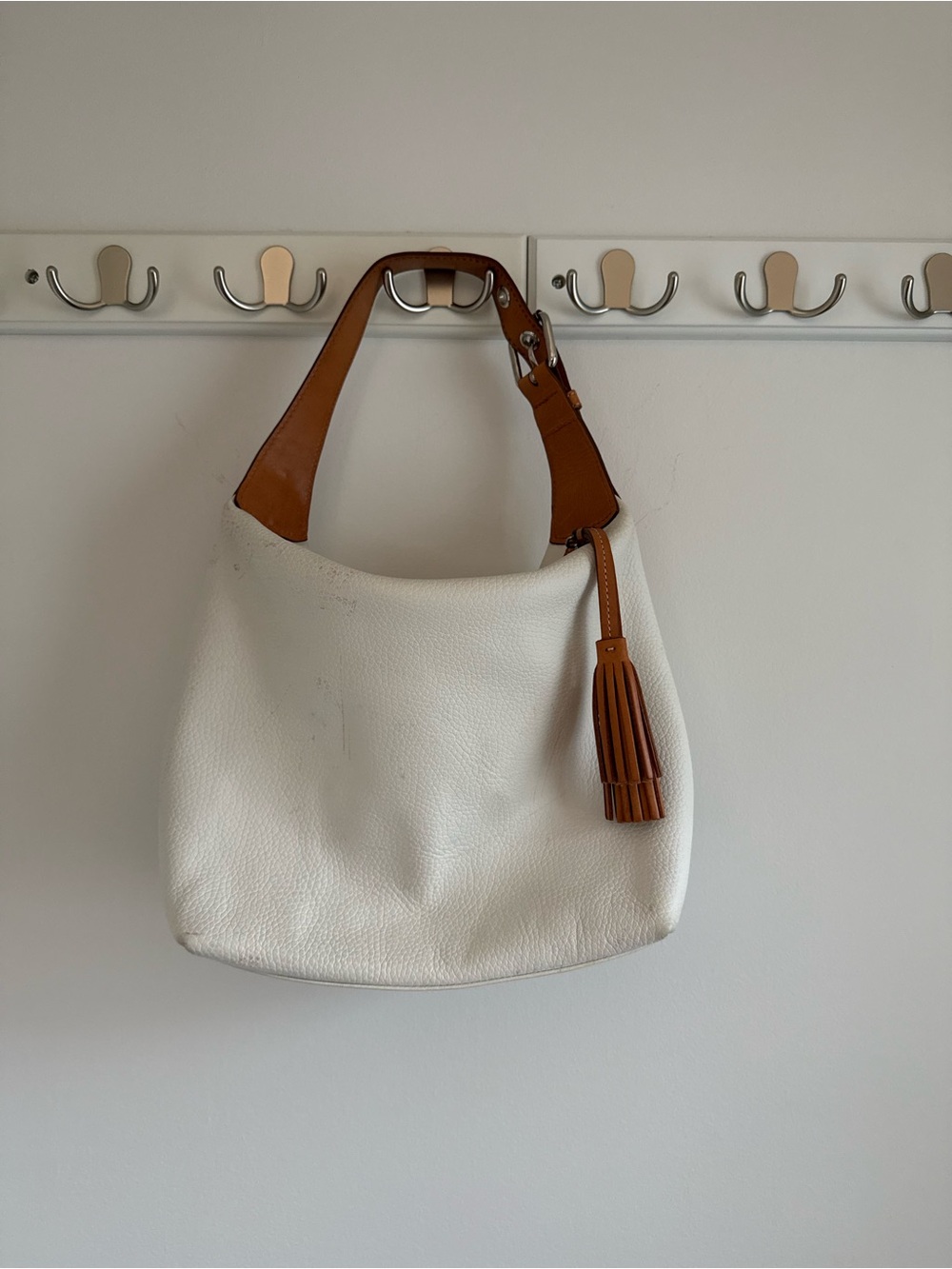 Dooney & Bourke White Leather Hobo with Tan Strap and Tassel